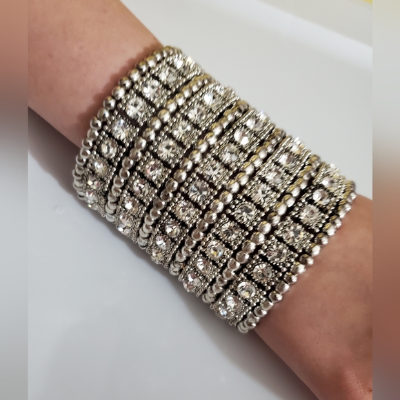 RHINESTONES cuff Bracelet stretch HUGE 5 rows silver beads heavy statement - Picture 1 of 10